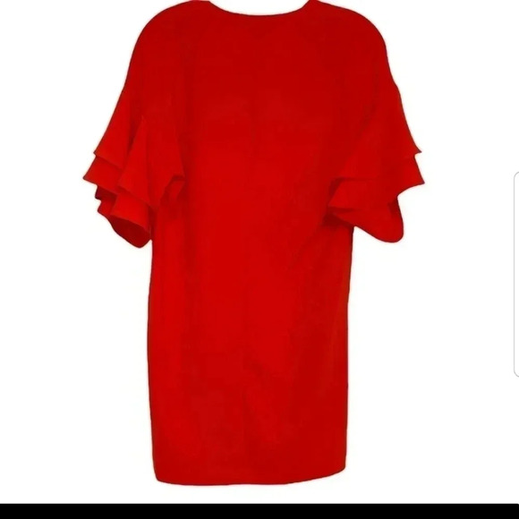 Zara Woman | Red V-Neck Ruffle Sleeve Mini Shift Dress - Picture 8 of 9